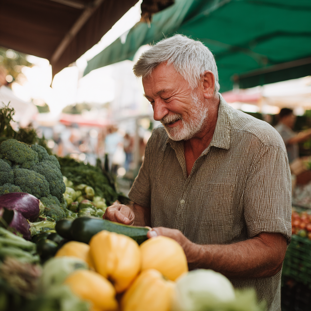 Ukrainian senior man and woman in their 60s smiling while shopping for fresh produce at a farmers market, holding reusable bags filled with colorful vegetables